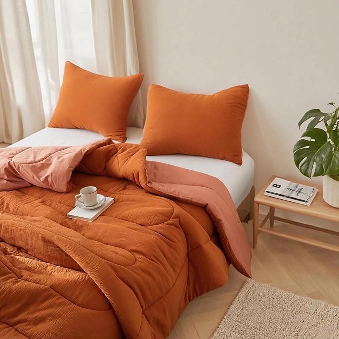 Simple&Opulence 100% Cotton Muslin Comforter Set King Size, 3PCS Washed Cotton Gauze Comforter, Soft Lightweight All Seasons Bedding Sets with 2 Pillow Shams(Burnt Orange,King)