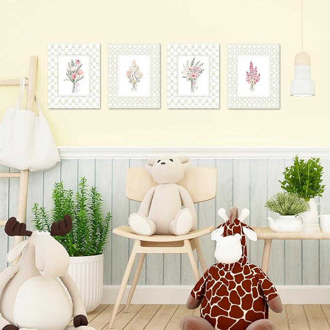 JINYO Rustic Green Plaid Floral Wall Art Prints Set of 4, Floral Room Decor, Boho Cottagecore Botanical Wildflower Posters Pictures Wall Decor Home Bedroom Living Room, 8x10 Unframed