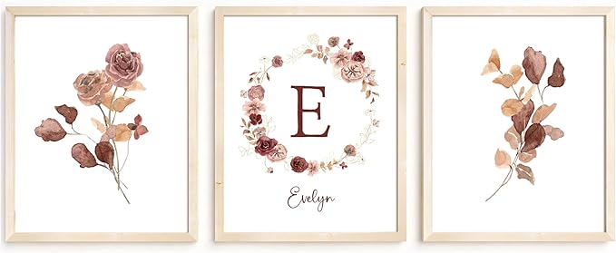 Personalized Name Flower Nursery Wall Art Prints, Crib & Nursery décor, Newborn Baby Girl Gift Present, Floral Baby Girl Room Pictures, Poster For Baby And Kids (3 Prints, Flower 1)