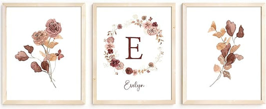 Personalized Name Flower Nursery Wall Art Prints, Crib & Nursery décor, Newborn Baby Girl Gift Present, Floral Baby Girl Room Pictures, Poster For Baby And Kids (3 Prints, Flower 1)