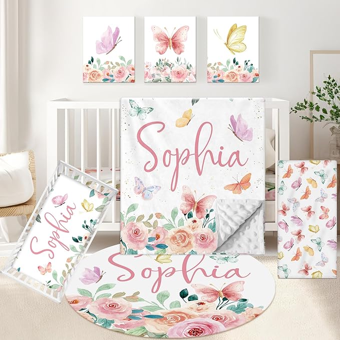 Personalized Crib Set, 5 Pcs Custom Baby Crib Sets with Name, Double Layer Butterfly Nursery Bedding Set for Girls, Soft Flannel Bedding Set, Toddler Infant Customized Gift