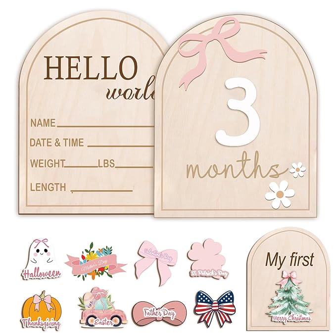 Monthly Baby Milestone Wooden Signs, Double-Sided Bow-Themed Baby Milestone Discs with Hello World & My First Holiday Designs – Cute Baby Announcement Sign & Photoshoot Props for Boys and Girls (Bow)