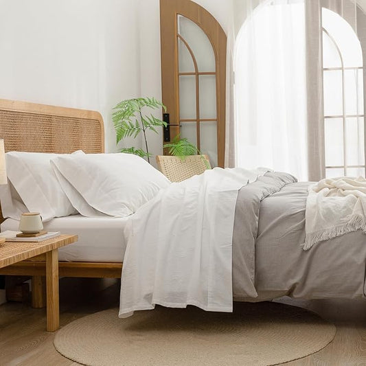 BESTOUCH Sheet Set 100% Washed Cotton Linen Feel Super Soft Comfortable Chic Lightweight 3 Pcs Home Bedding Set Solid Off White Twin