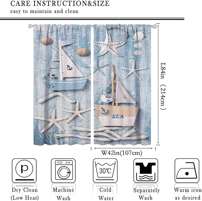 Nautical Curtain,Navy Anchor Sailing Map Starfish Seashells Bedroom Curtain,Waterproof Washable Fabric for Bedroom Decor Set 2 Panels,84x84 Inches