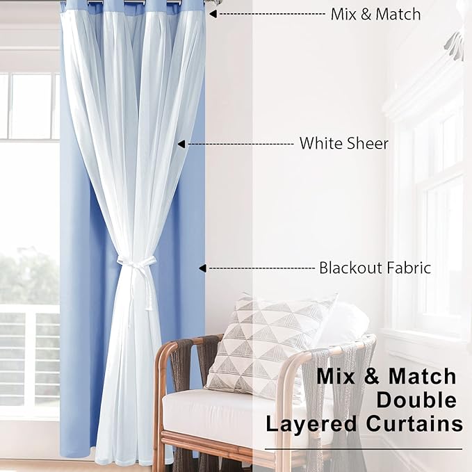 Hiasan Blackout Curtains with White Sheer, Mix & Match Double-Layer Thermal Insulated Sun Blocking Grommet Window Curtains for Bedroom, Living Room, 2 Drape Panels with Tiebacks, Baby Blue, 52W X 96L
