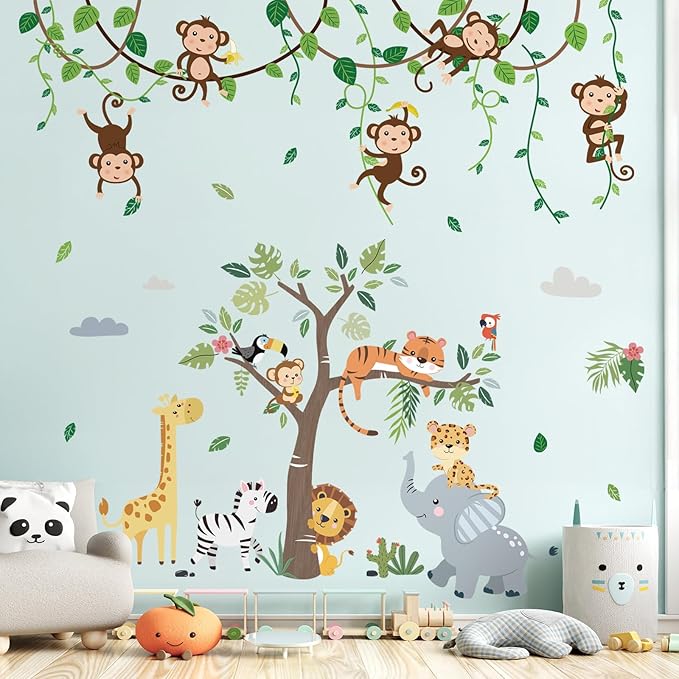 decalmile 2 Packs of Jungle Animals Tree Wall Decals Monkey Elephant Giraffe Lion Safari Wall Stickers Kids Room Baby Nursery Bedroom Wall Decor