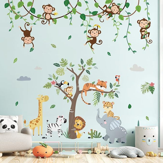 decalmile 2 Packs of Jungle Animals Tree Wall Decals Monkey Elephant Giraffe Lion Safari Wall Stickers Kids Room Baby Nursery Bedroom Wall Decor