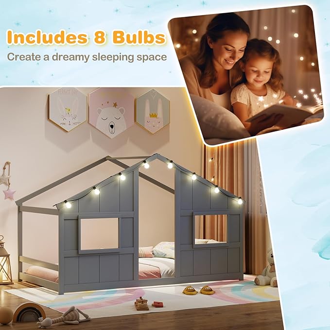 Twin Montessori Floor Bed with Roof, LED Light, Wood House Bed Frame with Headboard and 2 Windows, Low to Ground Cute Playhouse Bed for Kids, Girls, Boys, Without Slats (Grey)