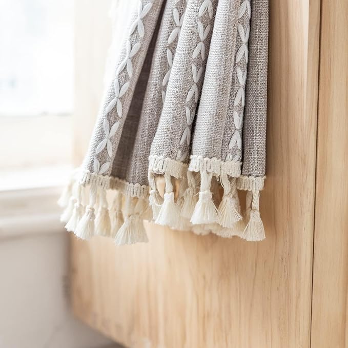 Deeprove Boho Curtain 72 Inches Long for Bedroom Living Room, Cotton Linen Weighted Taupe Stripes Embroidery, Semi Blackout Bohemian Window Treatment Priacy Drape Tassels 1 Panel W52 x L72, Natural
