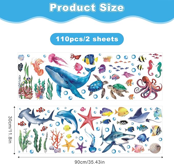 110 Pieces Under The Sea Wall Decals, Ocean Fish Jellyfish Starfish Coral Reef Seaweed Removable Stickers for Kids Baby Boys Bedroom Nursery Living Room, Sea Life Marine Animal Underwater Theme