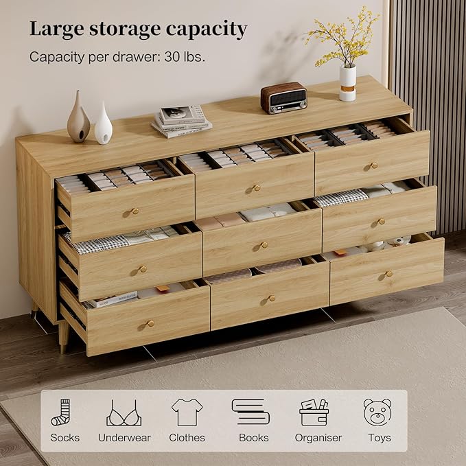9 Drawer Dresser,63" Wide Mid Century Modern Chest of Drawers,Wooden Bedroom Drawer Dresser with 9 Storage Drawers for Bedroom, Living Room,with Anti-Tipping Device,Natural