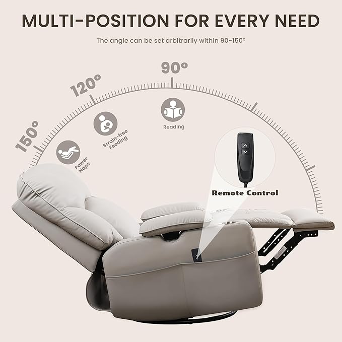 SUNWAVE Power Nursery Rocking Chair with Adjustable Armrests, Nursing Chair with USB, Cup Holders & Blanket, Swivel Rocker Recliner with Corduroy and PU Leather Mixed Fabric (Gray)