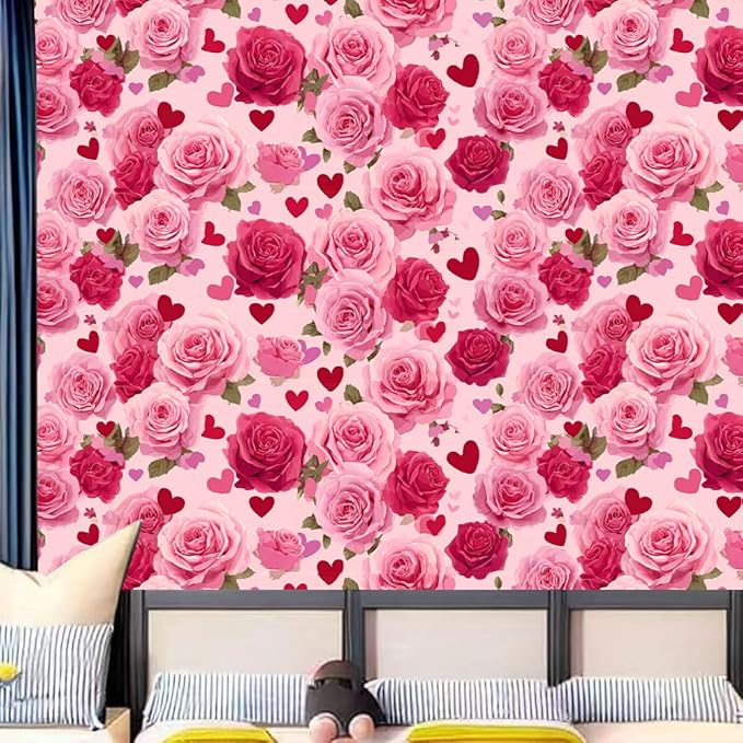 Rose Heart PVC Wallpaper Sticker 39.37x15.75 Inch Pink Flower Pattern Self Adhesive Decorative Wall Decal for Bedroom Living Room Valentine Home Decor