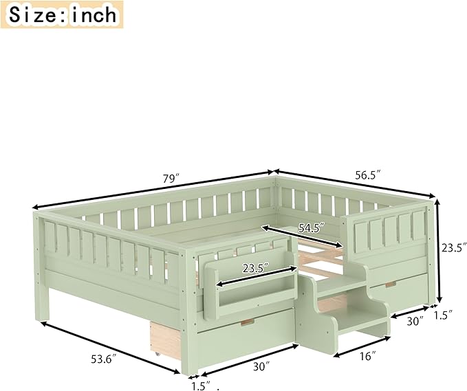 Bellemave Full Size Kids Bed with high Rails and with Built-in Bookshelf and Drawers for Kids, Girls, Boys, Wood Montessori Bed Without Door, Avocado Green