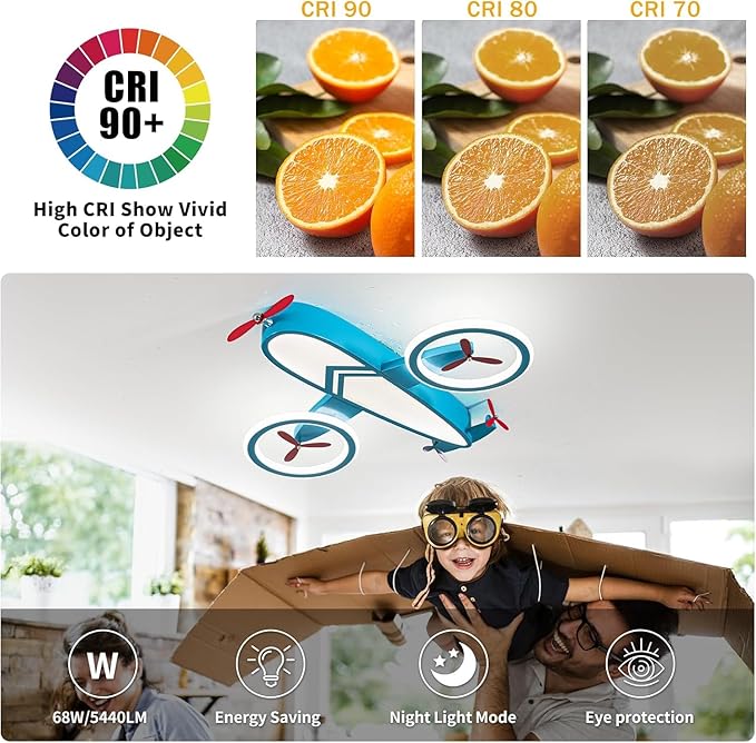 Kids Ceiling Lights for Bedroom Blue Airplane Light Fixture Mount 24.8" Kitchen Ceiling Light Fixtures 3000K-6000K with Remote 68W Flush Mount LED Lamp for Kids Room