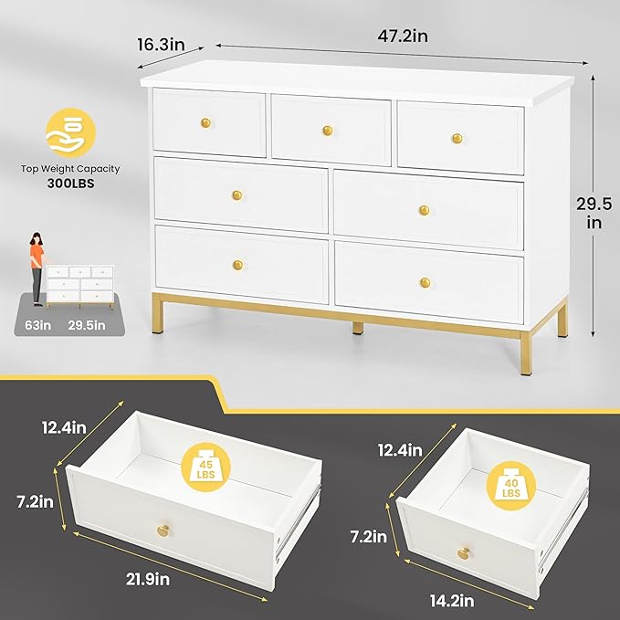 Pamapic Modern 7-Drawer White Dresser,47" White Wooden Dresser for Bedroom, Storage Organizer with Deep Drawers & Metal Handles for Bedroom, Entryway, Hallway