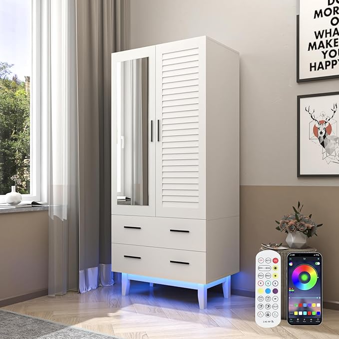 2 Door Armoire Wardrobe Closet Cabinet with Mirror, Drawers and LED Lights, Multi-Tier Shelves, Hanging Rod & 2 Louver Doors, Large Capacity Storage Wardrobe Armoire for Bedroom, White