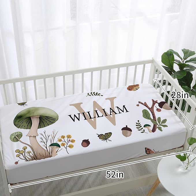 Custom Baby Crib Bedding Set,Personalized Name Mushroom Pattern Nursery Bed Set 4 Piece,Baby Blanket Fitted Sheet Nursery Rug Wall Art Set,Custom Room Decor Idea Gift for Newborns Boys Girls