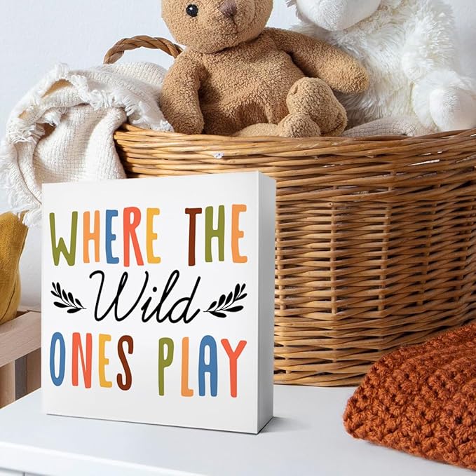 Playroom Desk Decor Wooden Sign, Nursery Decoration for Playroom Toy Room Toddler Kid's Bedroom, Nursery Gift for Baby Boy Girl Newborn Kids, Where The Wild Ones Play