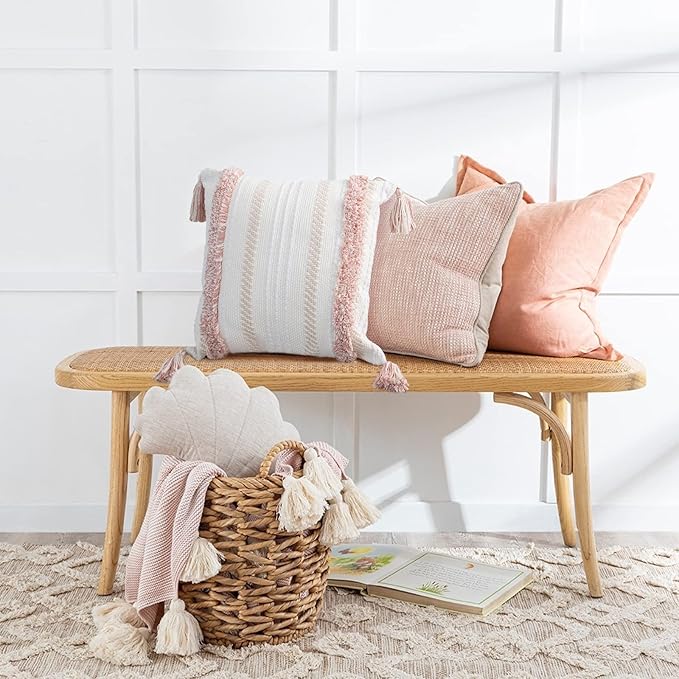 Boho Throw Pillow Covers 20 × 20 in Neutral Tufted Pink Square Decorative Case — Modern farmhouse accent pillow cover with tufting, tassels & textured weave perfect for couch, bed or living room décor