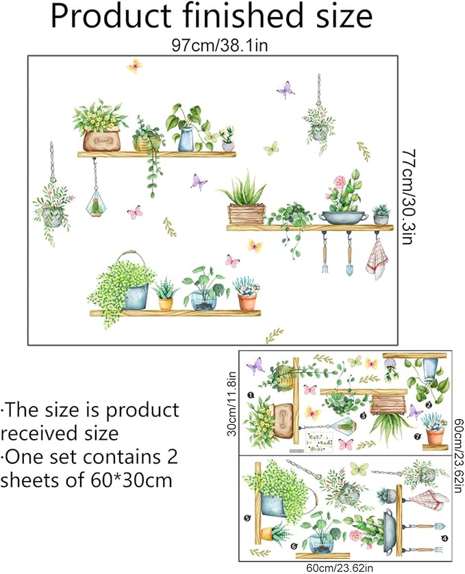 Green Wall Decals: Tropical Vine Plant Potted Stickers with Butterfly & Flower Designs - Ideal for Living Room, Bedroom & Office