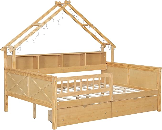 Merax Full Size House Platform Bed with Storage Drawers, Full Toddler Bed with LED Light and Guardrail, Sturdy Wood Frame Support, House Platform Bed with Roof Design for Kids, No Box Spring,Natural