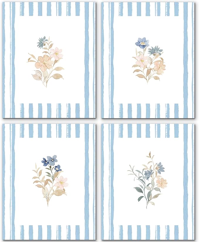 JINYO Elegant Blue Pink Floral Wall Art Prints Set of 4, Floral Room Decor, Rustic Cottagecore Blue and White Striped Flower Posters Pictures Wall Decor for Home Bedroom, 8x10 Unframed