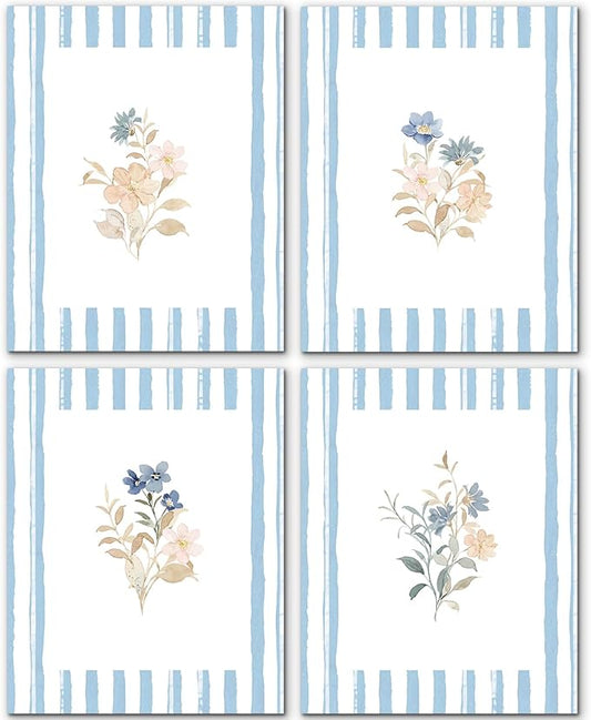 JINYO Elegant Blue Pink Floral Wall Art Prints Set of 4, Floral Room Decor, Rustic Cottagecore Blue and White Striped Flower Posters Pictures Wall Decor for Home Bedroom, 8x10 Unframed