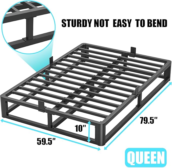 Upgrade Anti Bending and Round Corner Legs 10 inch Metal Queen Bed Frame 3500 LBS Heavy Steel Slats Support Platform Bed Frames No Box Spring Needed Platform Noise Free Easy Assembly