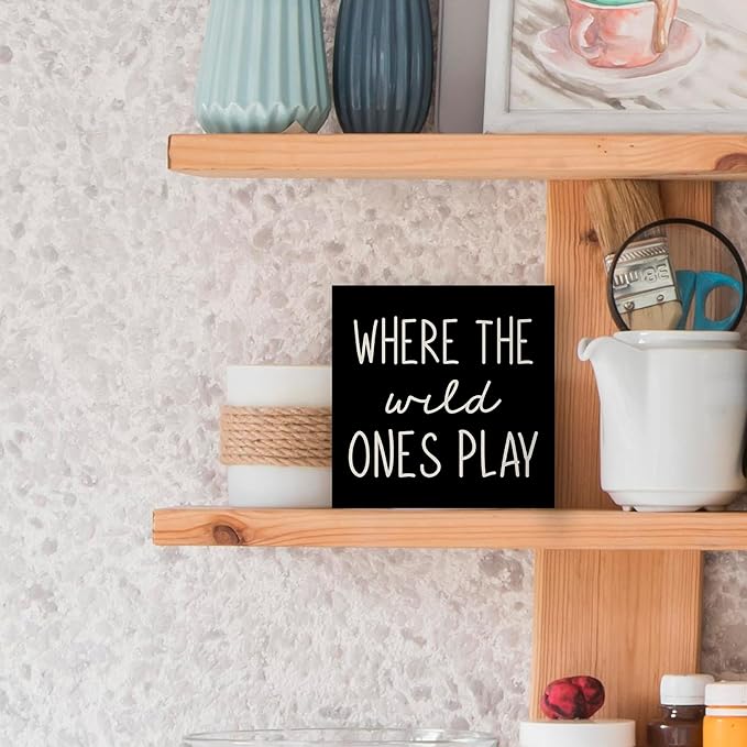 Where The Wild Ones Play Black Wood Box Sign Desk Decor 5X5, Nursery Kids Room Wooden Block Sign Decorations for Playroom Toddler Boys Girls Room Wall Tabletop Shelf Decor
