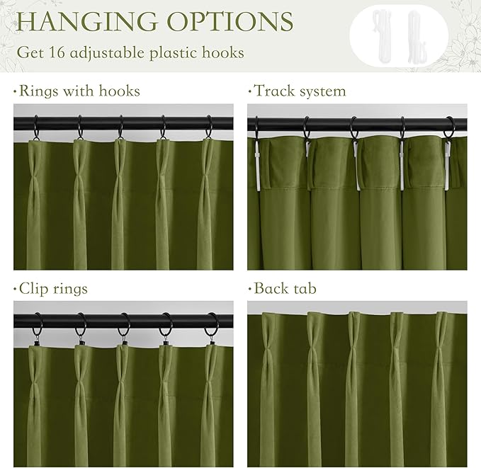 StangH 108 inch Pinch Pleat Velvet Curtains for Living Room, Olive Green Room Darkening Bedroom Drapes with Hooks Vertical Holiday Decorative Panels for Dining Room, W40 x L108, 2 Panels