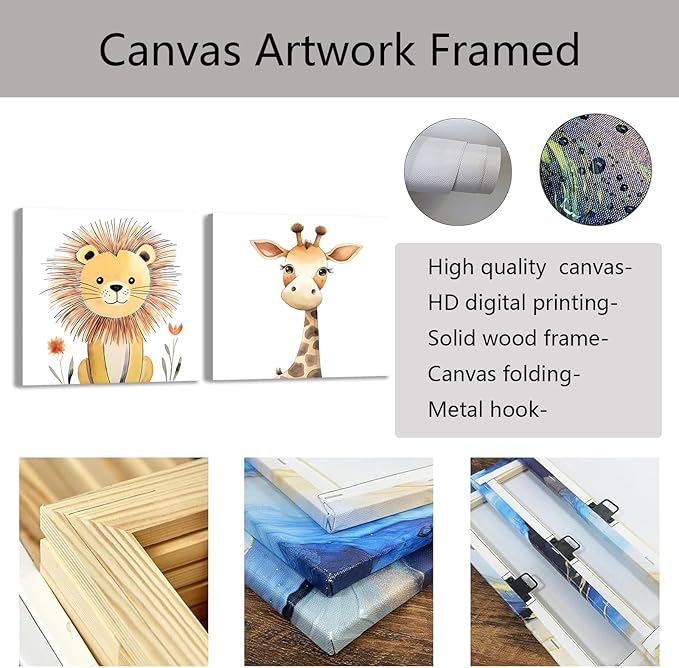 Baby Animal Framed Canvas Wall Art Set of 2 - Cute Baby Lion Giraffe Paintings Posters Woodland Animals Pictures Prints for Kids Room Bedroom Decor(Artwork-03, 16"x16"x2P)