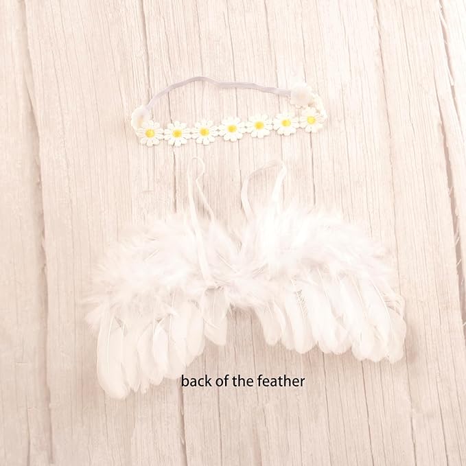 2PCS White Angel Feather Wings With Yellow Daisy Flower Headband Set For Newborn Infant Toddler Kids Baby Girls Photography Props Birthday Gift(Color C, One Size)