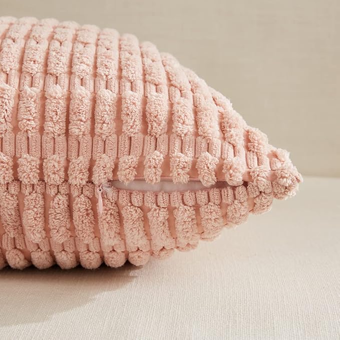 Fancy Homi 2 Packs Blush Pink Decorative Throw Pillow Covers 18x18 Inch for Living Room Couch Bed Sofa, Soft Striped Corduroy Square Cushion Case 45x45 cm, Rustic Farmhouse Boho Home Decor