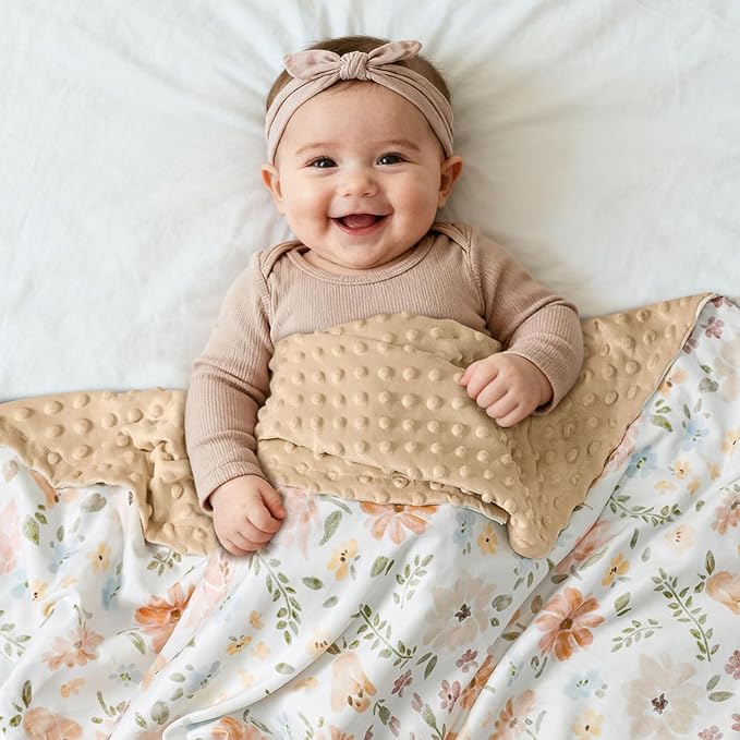 Baby Blanket for Girls, Soft Cozy Nursery Minky Blanket with Double Layer Dotted Backing for Infant Toddler in Crib Stroller, Cute Floral Orange Blanket, 30x40 Inches