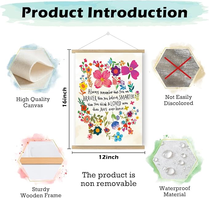 Qswo Inspirational Quotes Wall Decor for Women,Always Remember That You Are Braver Than You Believe Wall Art Poster Hanger Frame,Motivational Hanging Canvas Wall Decor for Girl Room Home Office