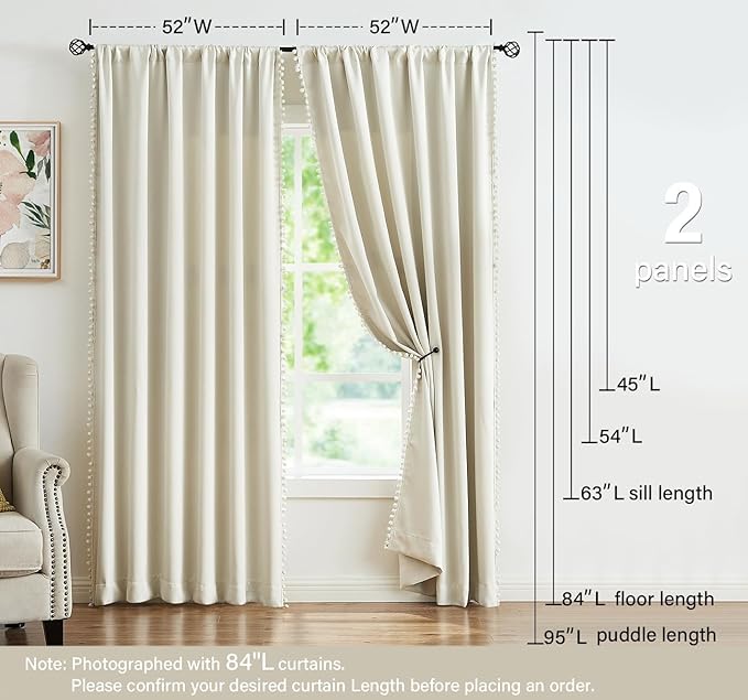Treatmentex Pom Pom Curtains for Bedroom Windows 84 inch Energy Efficient Thermal Insulated Living Room Darkening Curtain Panels for Kitchen Nursery Room Ivory 52" w x2 Panels Rod Pocket