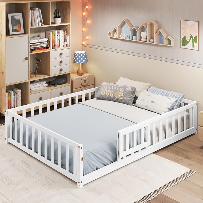 Giantex Full Size Floor Bed for Kids, Low Montessori Bed with Wood Slats & Safety Guardrails, Solid Wood Full Floor Beds with Fence and Door for Kids Boys Girls, White