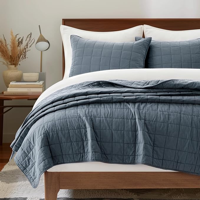 EVERGRACEHOME 100% Cotton Box Stitch Quilt Bedding Set King Size 3 Pieces, Garment-Washed Lightweight Soft Cozy Coverlet, Oversized Quilted Bedspread Sets with 2 Shams for All Season, Midnight Blue