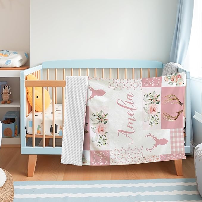Personalized Baby Blanket with Name, Custom Pink Woodland Deer Blanket for Kids, Soft Flannel Bed Throw Blanket Swaddle for Newborn, Customizable Baby Gift & Nursery Blanket(47" x60)