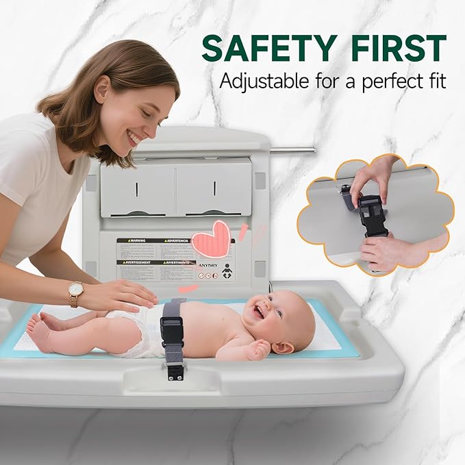 Durable Wall-Mounted Baby Changing Station, Heavy-Duty Design with Safety Straps, Fold-Up Space Saver, in Elegant Grayish White