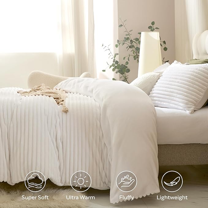 JELLYMONI Plush Duvet Cover Set - Queen Size Beige Striped Fluffy Comforter Cover 3pcs Bedding Set Luxury Ultra Soft Faux Fur Duvet Cover with Zipper and 2 Pillowcases (NO Comforter)