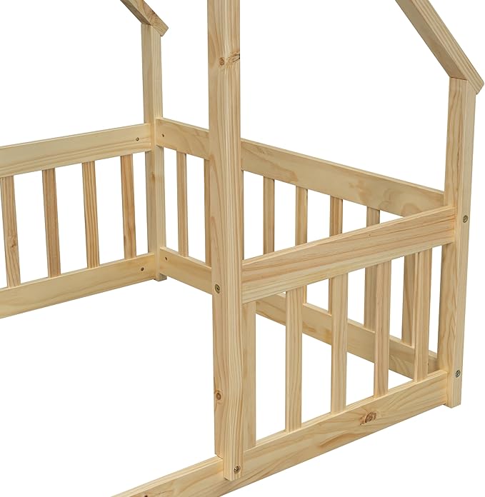 Bellemave Twin Size Wood House Bed Frame for Kids, Montessori Floor Bed with Fence, Playhouse for Girls and Boys, Natural