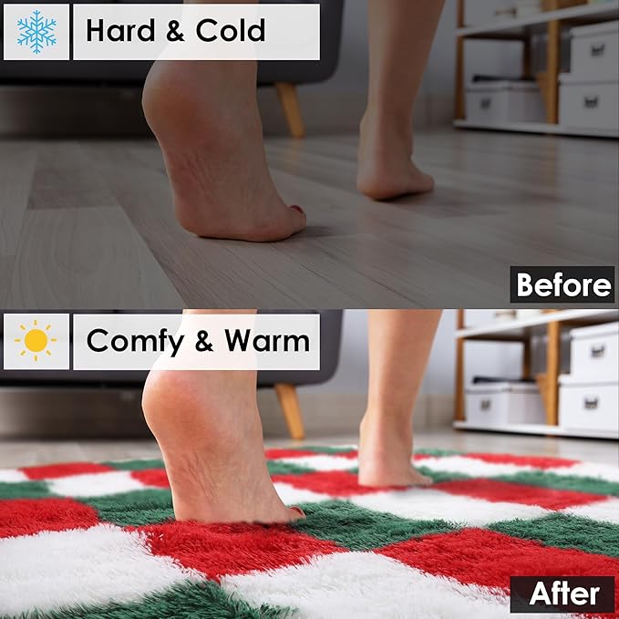 KICMOR Living Room Christmas Rugs 6x9, Large Fluffy Soft Red Green White Checkered Area Rug Big Fuzzy Plush Shag Shaggy Floor Carpets for Bedroom Teen Kids Boys Girls Room Nursery Holiday Home Decor