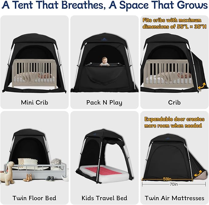 Baby Blackout Tent Fits Crib, Pack N Play, Toddler Travel Bed & Kids Cot, CPC Certified Sleep Pod with Fan Pocket 2 Mesh Doors, Breathable & Quiet Design, Easy Setup & Portable