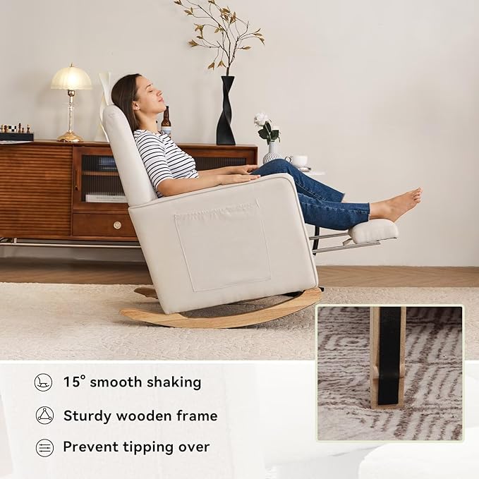 FOXHUNTER Rocking Chair Nursery with Adjustable Footrest and High Backrest, Upholstered Glider Chairs with Side Pockets for Nursery, Rocker Armchair Indoor for Living Room,Beige