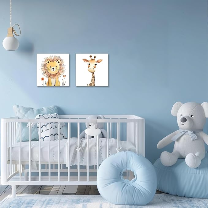 Baby Animal Framed Canvas Wall Art Set of 2 - Cute Baby Lion Giraffe Paintings Posters Woodland Animals Pictures Prints for Kids Room Bedroom Decor(Artwork-03, 24"x24"x2P)