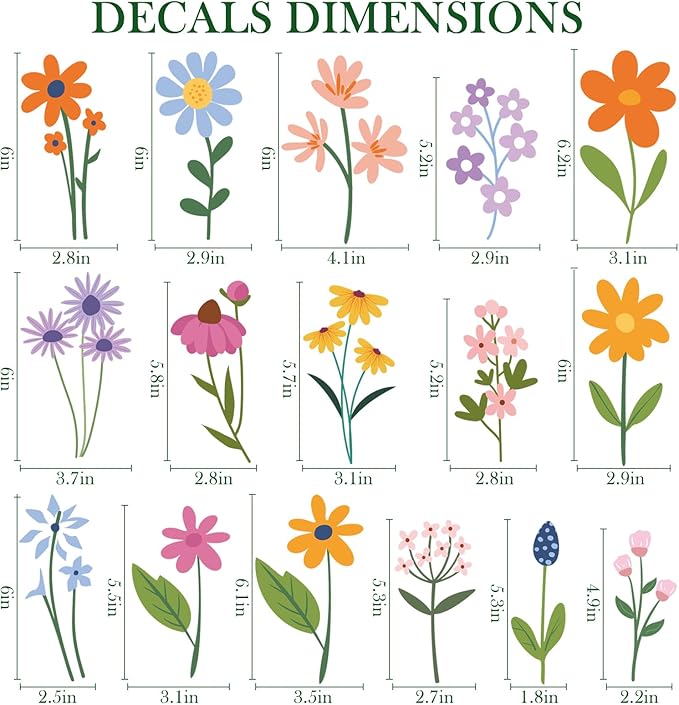 AOWDIAO Floral Wall Decals - 102 Pcs Peel and Stick Vinyl Flower Stickers - Assorted Varieties & Colors for Bedroom, Kids’ Rooms, Nursery, or Living Room Decor