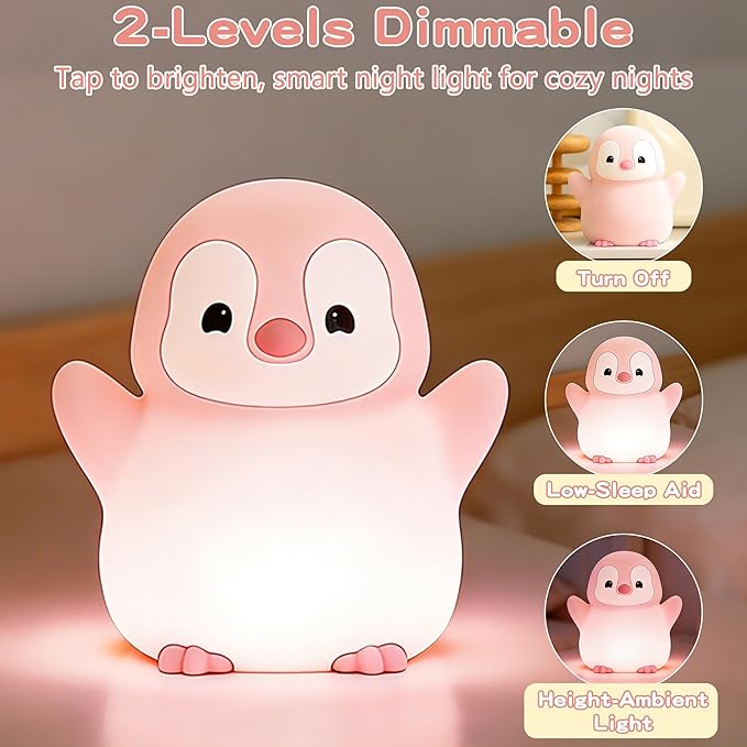 Pink Penguin Night Light,Soft Silicone Nursery Nightlight for Baby,LED Squishy Novelty Animal Bedside Lamp,Rechargeable/Dimmable/Timer,Room Decor, Cute Xmas Gifts for Kids/Girls/ Mom/ Grandma/ Teens