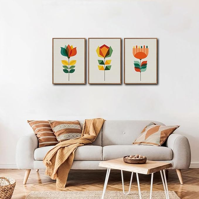 CHDITB Abstract Floral Framed Canvas Wall Art, Large Aesthetics Geometry Flowers Wall Decor, Neutral Geometric Lines Wall Painting, Modern Floral Art Prints for Living Room Bedroom Office 16"x24"x3